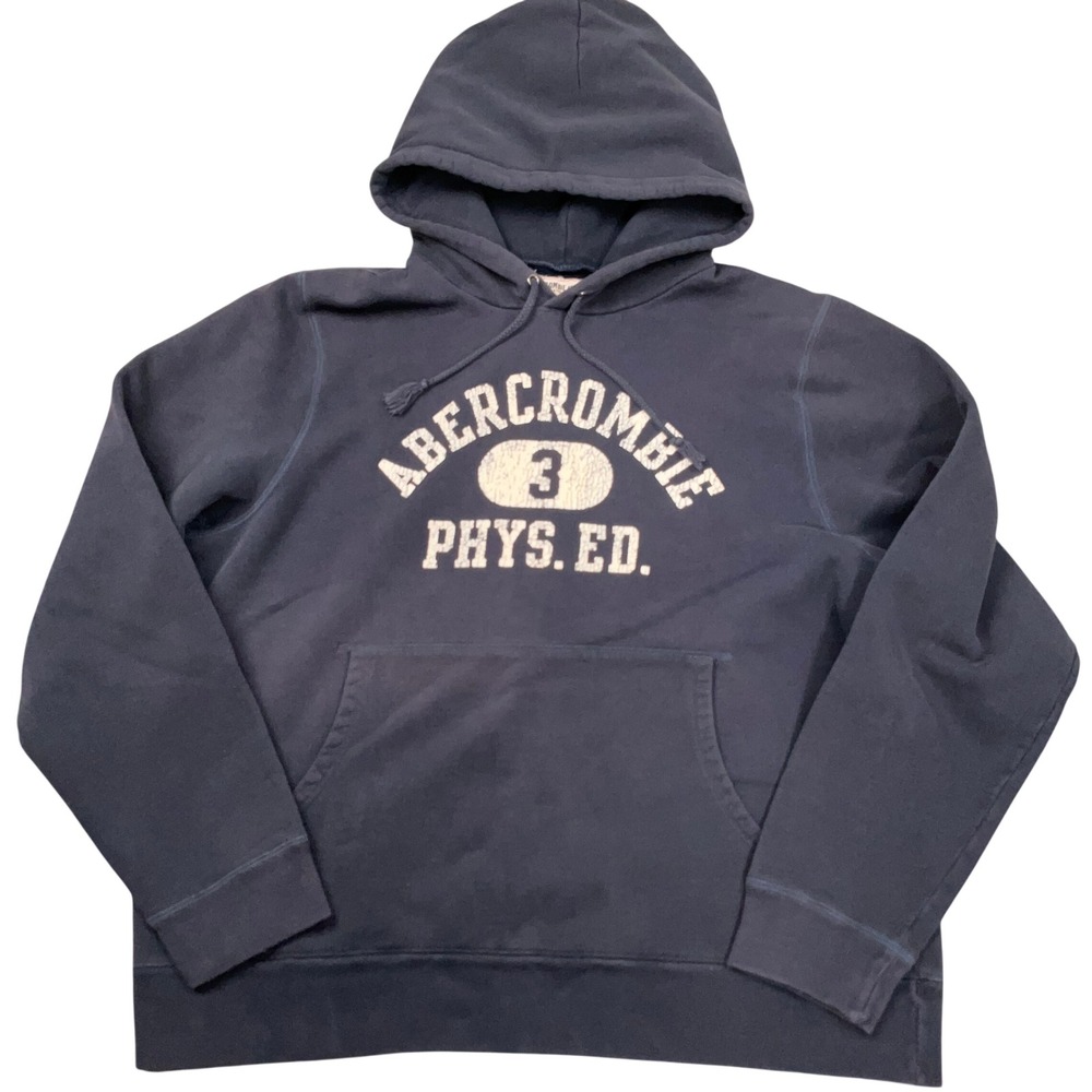 Abercrombie Hoodie Mens Large Navy Blue Phys Ed Graphic Y2K Pullover Sweatshirt
